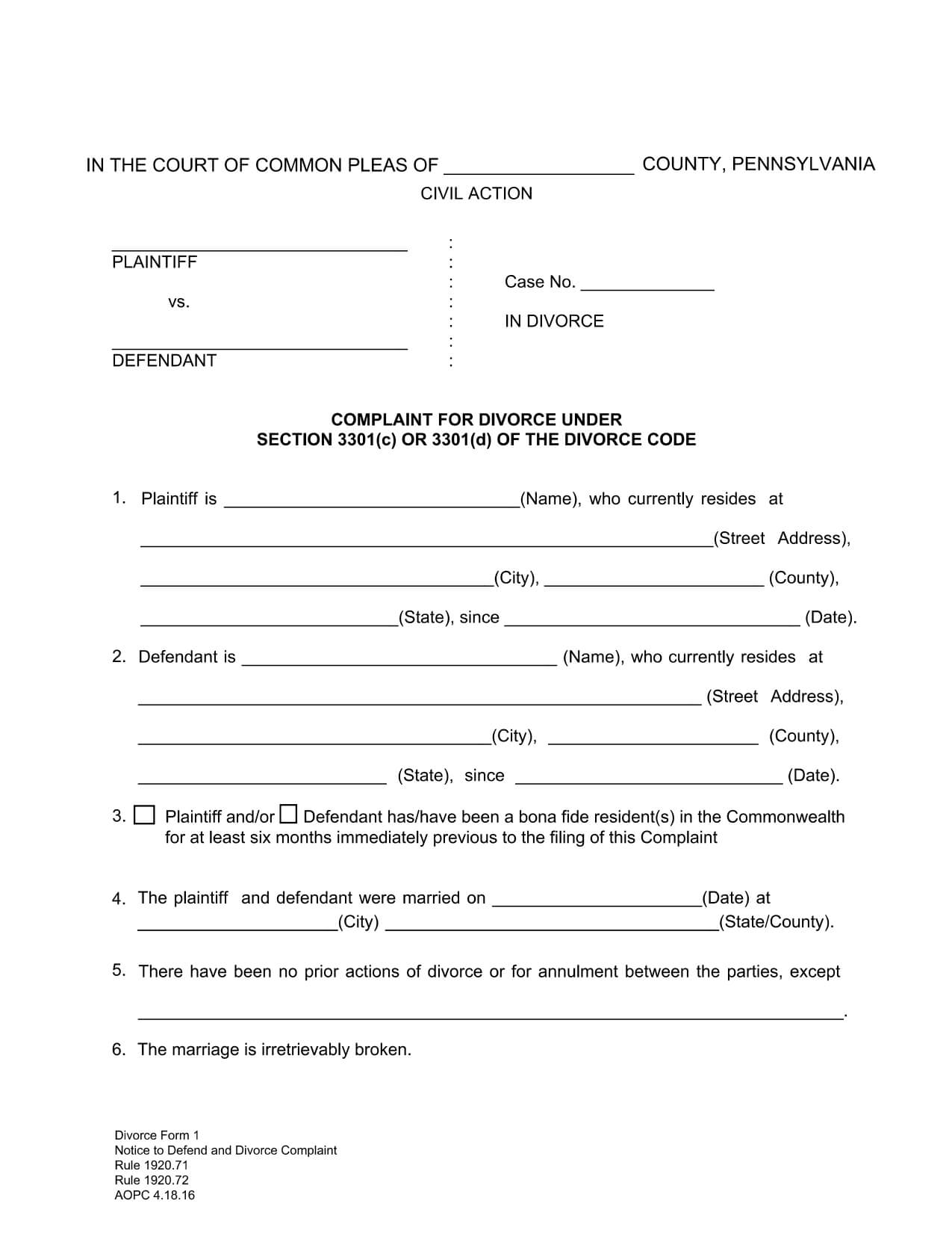 Sample Pennsylvania Divorce Complaint form, Page 1 of 16 — blank template for reference